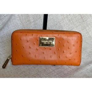 Michael Kors Orange Ostrich Embossed Leather Zip Around Continental Wallet